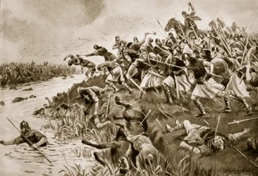 Bitva u Ellandunu, 825 n. l., ilustrace z „Hutchinsonova příběhu britského národa“, kolem roku 1920