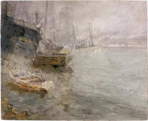 North Shields Fish Quay (uhlí, tužka a akvarel na palubě)