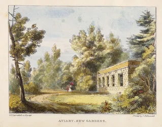 Voliéra, Kew Gardens, deska 10 z Kew Gardens: Série 24 kreseb na kameni, vyryto Charlesem Hullmandlem (1789-1850) vydáno 1820 (ručně kolorované lito)