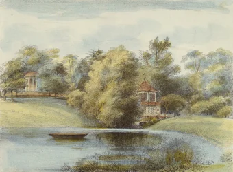 Chinese Temple and Temple of Eolus, Kew Gardens, deska 16 z Kew Gardens: Série dvaceti čtyř kreseb na kameni, vyryto Charlesem Hullmandlem (1789-1850) publikováno 1820 (ručně kolorované lito)