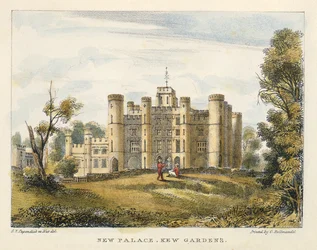 Nový palác, Kew Gardens, deska 1 z Kew Gardens: Série 24 kreseb na kameni, vyryto Charlesem Hullmandlem (1789-1850) vydáno 1820 (ručně kolorované lito)