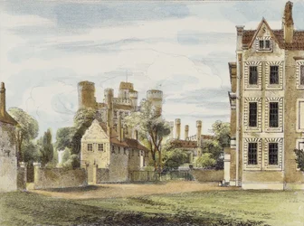 Nový palác, z Queens Garden, deska 4 z Kew Gardens: Série 24 kreseb na kameni, vyryto Charlesem Hullmandlem (1789-1850) vydáno 1820 (ručně kolorované lito)