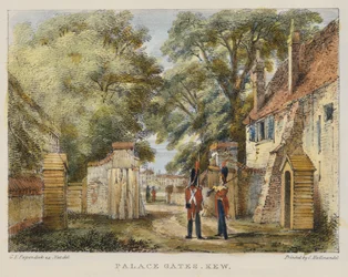 Palace Gates, Kew, deska 3 z Kew Gardens: Série dvaceti čtyř kreseb na kameni, vyryto Charlesem Hullmandlem (1789-1850), publikováno 1820 (ručně kolorované lito)