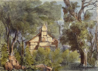 Stone House, Richmond Gardens, deska 23 z Kew Gardens: Série dvaceti čtyř kreseb na kameni, vyryto Charlesem Hullmandlem (1789-1850) publikováno 1820 (ručně kolorované lito)