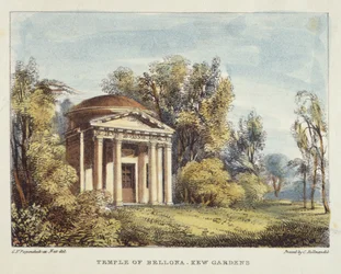 Temple of Bellona, Kew Gardens, deska 24 z Kew Gardens: Série 24 kreseb na kameni, rytý Charles Hullmandel (1789-1850) publikováno 1820 (ručně kolorované lito)