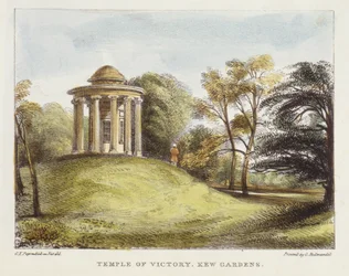 Temple of the Sun, Arboretum, Kew Gardens, deska 20 z Kew Gardens: Série dvaceti čtyř kreseb na kameni, vyryto Charlesem Hullmandlem (1789-1850) publikováno 1820 (ručně kolorované lito)