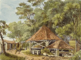 Water Works, Kew Gardens, deska 22 z Kew Gardens: Série 24 kreseb na kameni, vyryto Charlesem Hullmandlem (1789-1850) vydáno 1820 (ručně kolorované lito)