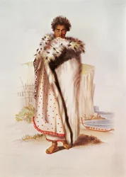 Rangitakina, náčelník Bay of Plenty na východním pobřeží, ilustrace z Nového Zélandu Ilustrováno, vyryto W. Hawkinsem, kolem roku 1845