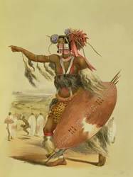 Zuluský válečník, Utimuni, synovec Chaka, zesnulého krále Zuluů, deska 13 z „The Kafirs Illustrated“, 1849