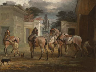 Čtyři Roan Coach Horses se dvěma ošetřovateli, 1792