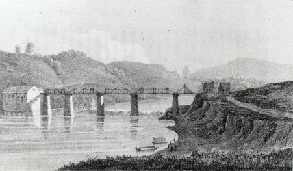 Bridge at Zanesville, Ohio, z „Návštěva Severní Ameriky a anglických osad v Illinois“ od Adlarda Welbyho, vydáno 1821