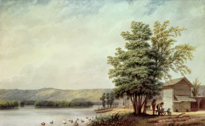 Cirro Cumulus - Domy na tabákové plantáži, Virginie, cca 1830-40 (akvarel na papíře)