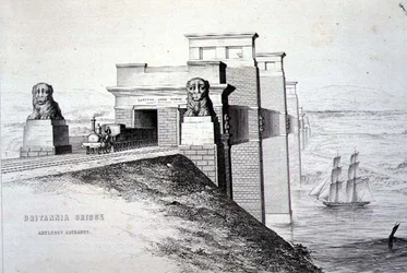 Britannia Bridge, Anglesey Entrance, ryté umělcem, hospoda. 1849 (litho) (pro barvu viz 122445)