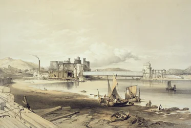 Conway Bridge, Construction of Second Tube, září 1848, vyryto umělcem
