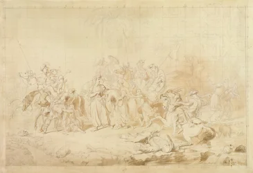 Banditti z Kurdistánu pomáhá Gruzíncům při překvapování a unášení čerkeských žen kolem roku 1827-28 (pero a hnědý inkoust na tkaném papíře)