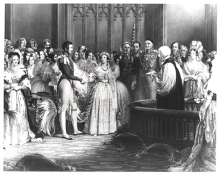 Svatba královny Viktorie (1819-1901) a prince Alberta (1819-61) v paláci svatého Jakuba 10. února 1840, rytina Charles Eden Wagstaff, 1840