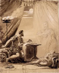 Scéna ze Shakespearova dramatu Julius Caesar: (praní na papíře): Caesarův duch se zjevuje Brutovi, cca 1871)