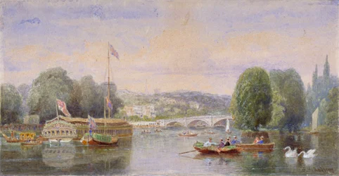 Řeka Temže s Richmondským mostem a Richmond Hill v dálce, Londýn, 1867