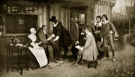 Setkání Miltona a Andrewa Marvella, ilustrace z „Hutchinsonova příběhu britského národa“, kolem roku 1923