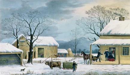 Domov na Den díkůvzdání, ryl J. Schulfer, hospoda. Currier a Ives, 1867