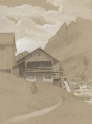 Dům v Alpách, Cortina, 1883 (grafit s bílým kvašem na hnědém tkaném papíře)