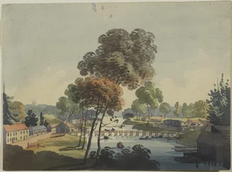 Vesnice Chippawa poblíž vodopádů Niagara, kolem roku 1801 (wc na tkaném papíře)