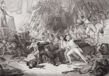 Nelson nalodění na loď San Josef v bitvě u Svatého Vincenta, 14. února 1797, z „Ilustrace anglické a skotské historie“ svazek II