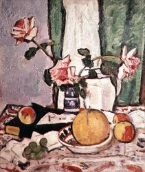 Zátiší růží a grapefruitu (olej na plátně)