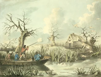 Duck Shooting, lept Thomas Rowlandson (1756-1827), pub. od J. Harrise, 1789 (barevný lept) (viz také 125725-27)