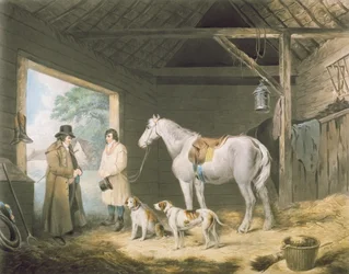 Paying the Hostler, ryl Samuel William Reynolds (1773-1835), hospoda. od H. Macklina, 1805 (mezzotintová rytina)
