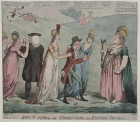 Matka Windsorová se čtyřmi kurtizánami přikazuje svým dívkám zatknout biskupa z Durhamu a vévodu z Queensbury, 1798 (barevný lept)