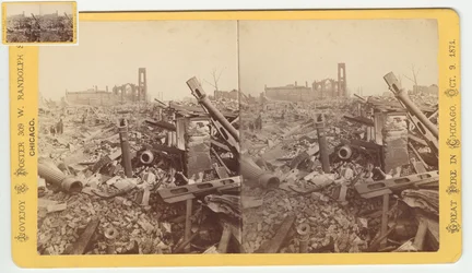 Stereograf zřícenin Mammoth Store of Field & Leiter po požáru v Chicagu v roce 1871, 1871 (černobílá fotografie na držáku karty)