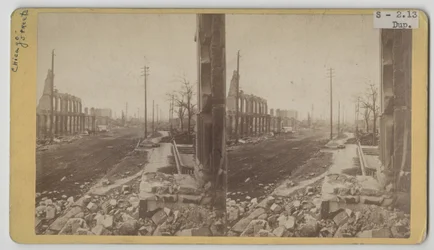 Stereografický pohled na Clark Street po požáru v Chicagu v roce 1871
