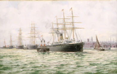 Parník "Adriatic" společnosti White Star Line vyplouvá z Liverpoolu, konec 19. století (olejomalba)