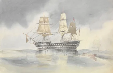 Britannia" se za klidného počasí přiblížila k lodi plující pod vlajkou kontradmirála Dundase, pravděpodobně poblíž mysu Carthage, 27. dubna 1852.