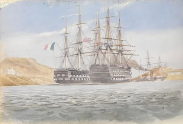 Loď Charlemagne a Trafalgar opouštějí Port Mahon pod vedením lodi Firebrand.