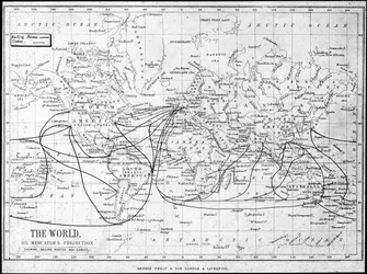 Mapa světa zobrazující plavební trasy a telegrafní kabely, c1893