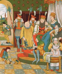 Rumpelstiltskin přijíždí, aby si jako odměnu vyžádal prvorozené dítě princezny, 1882