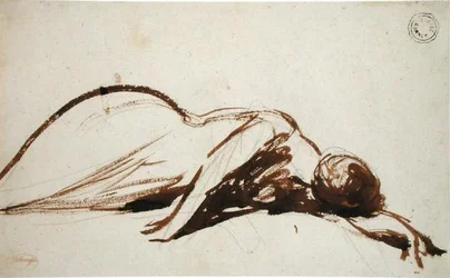 Prostrate Woman (štětec a hnědý inkoust přes grafit na položený papír)