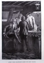 Scéna příběhu na náměstí s lodí: mladý Jim Hawkins před Dr. Livesey a Chevalier Trelawney - ve Stevensonově „L