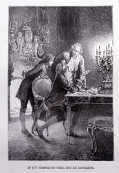 Mladý Jim Hawkins, Chevalier Trelawnay a doktor Livesey se usmíří v obývacím pokoji – v „L
