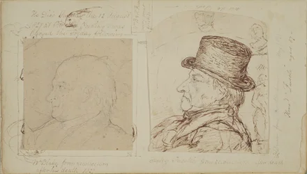 Studie králíků s překrývajícími se portréty Williama Blakea a Henryho Fuseliho (grafit a inkoust na papíře)