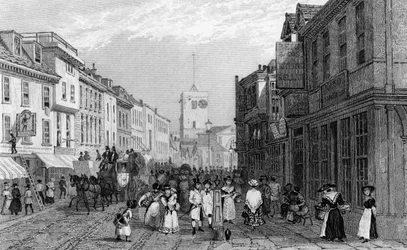 Tržní den v Dartfordu, Kent, vyryl Henry Adlard, asi 1830