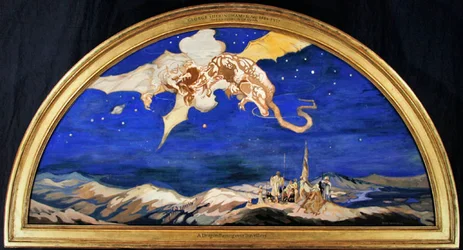 The Dragon Passing Over Travelers (akvarel s tělovou barvou a zlatem na hedvábí)