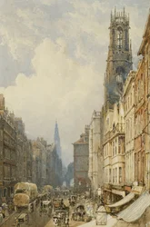 Fleet Street vzhlíží k Temple Bar se starým St. Dunstans a St. Clement Danes, 1834