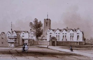 Highgate School and Chapel, c.1840 (lavírovaná kresba sépiovým inkoustem)