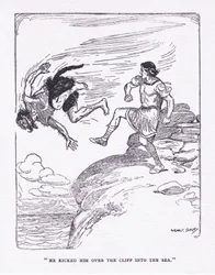 Kopl ho přes útes v moři, z The Heroes vydané Georgem Allenem a Unwinem 1929 (barevné litho)