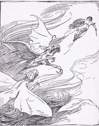 Perseusovi tuhla krev v žilách i přes veškerou jeho odvahu, když je viděl, jak vyjí na jeho stopu, z The Heroes vydané Georgem Allenem a Unwinem 1929.