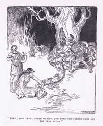 Pak Jason unaveně vyskočil a strhl rouno z kmene stromu z knihy The Heroes vydané Georgem Allenem a Unwinem 1929 (litho)
