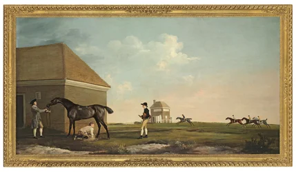 Gimcrack na Newmarket Heath s trenérem, žokejem a stájníkem